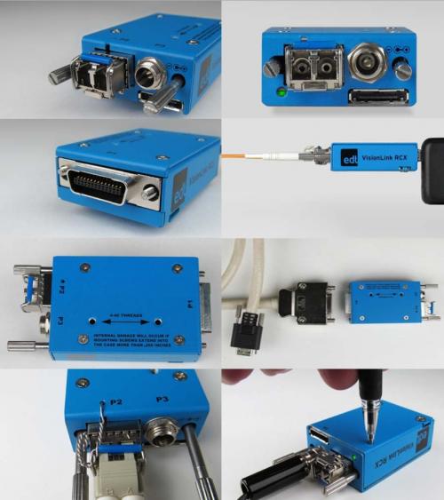 EDT VisionLink RCX Camera Link fiber optic extender showing connectors, features, mounting holes, adapter cabling, safety wire, and pressing a recessed button. 