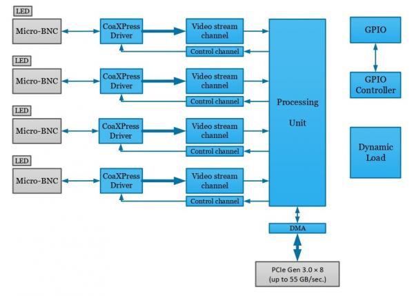 Kaya Instruments Chameleon II CoaXPress hardware block diagram showing hardware elements. 