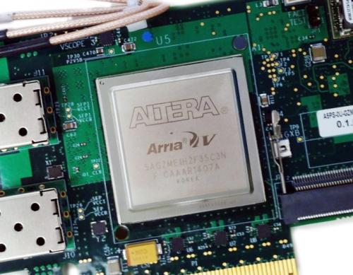 EDT PCIe8 G3 A5-40G FPGA card equipped with Itnel Arria V, half or full height form factor, clock recovery.