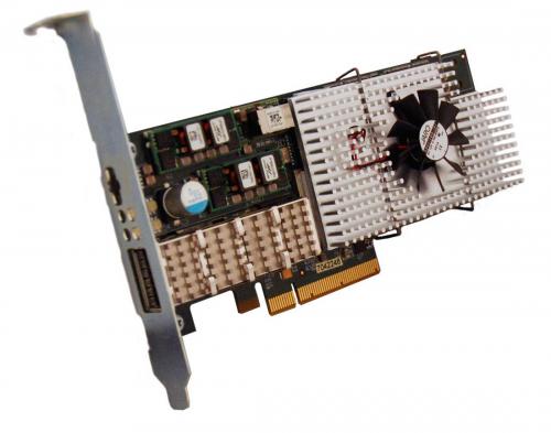 PCIe BittWare 180 Virtex-5 LX155 FPGA Network Processing Card supporting XFP network port and 10 GbE + OC192 SONET, active cooling.