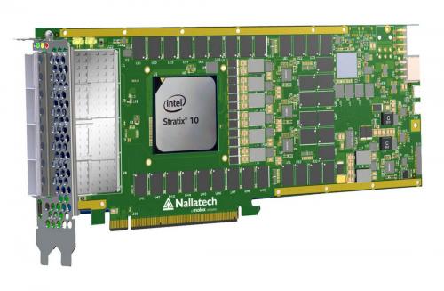 BittWare 520 accelerator board equipped with 4 optical Network protocol up to 100 G supporting Intel Stratix 10 fpga.
