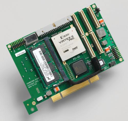 EDT PCI GS DMA board supporting Xilinx Virtex II Pro PowerPC processors with 8MB SRAM + 1 GB DRAM and additional ATA bridge option.