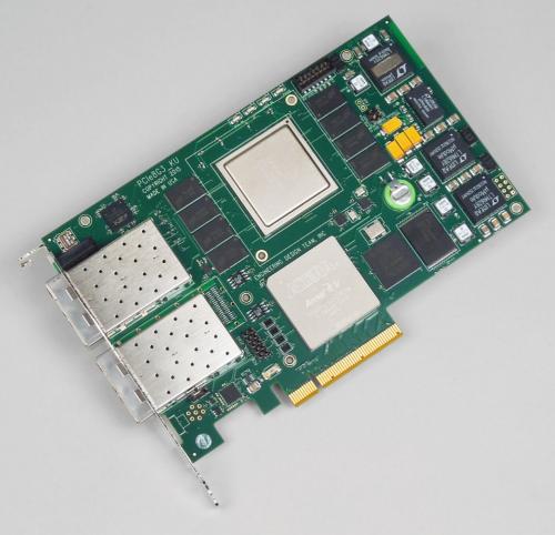 EDT PCIe8 G3 KU-10G FPGA board with Xilinx Kintex Ultrascale and 4x 10G SFP/+ ports supporting 4GB DDR3 and equipped 10-210 MHz reference clock.