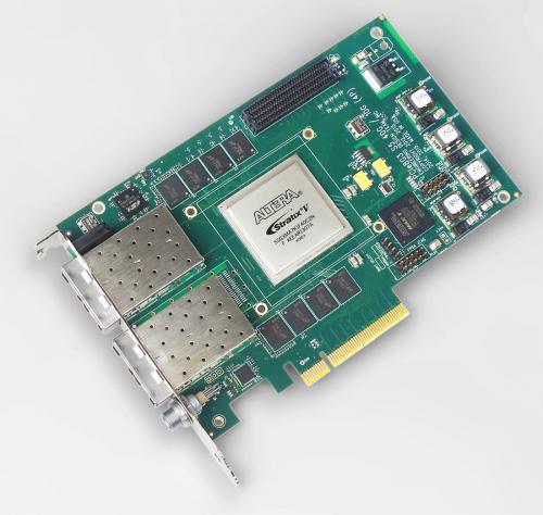 EDT PCIe8g3 S5-10G supporting Intel Stratix V FPGA card equipped with programmable 10–210 MHz clock recovery and 4 GB DDR3.