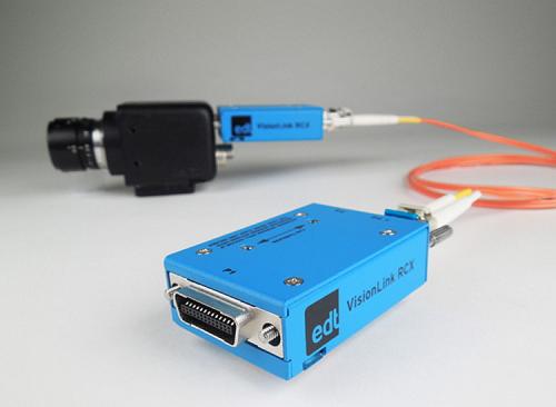 EDT VisionLink RCX Camera Link fiber optic extender supporting base-mode cameras with 20-85 MHz and up to 19.2 Kb/s serial data rates. 