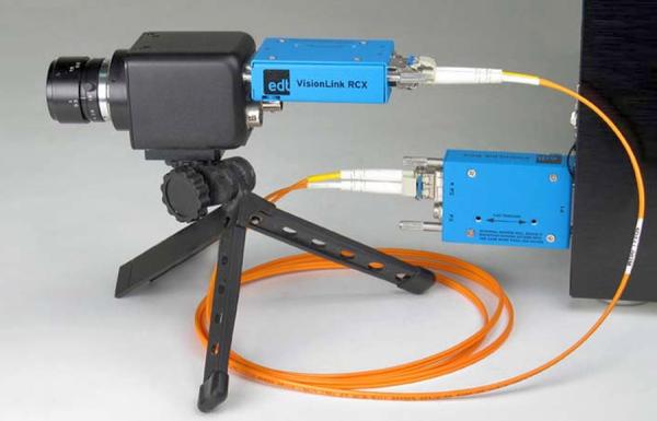EDT VisionLink RCX Camera Link fiber optic extender pair with camera link connected via fiber optic cable. 
