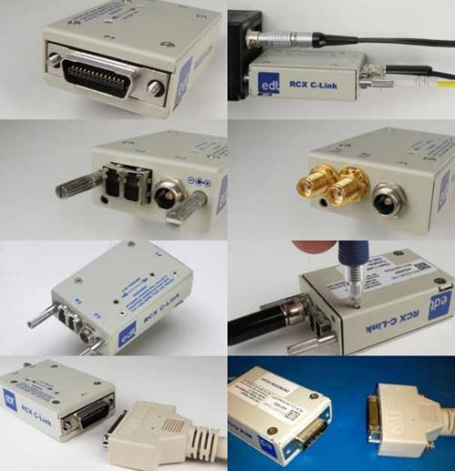 EDT VisionLink RCX C-Link Camera Link fiber optic extender showing connectors, features, mounting holes, a recessed button, and adapter cabling. 