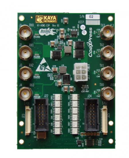 Externe Ansicht der Kaya KY-HSMC-CXP FPGA Hochgeschwindigkeits-Zusatzkarte für CoaXPress mit externem Stromanschluss, Device TX-BNC-, GPIO1- und GPIO2-Anschlüssen, Host RX-BNC.