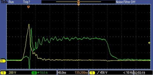 Wellenform für einen NSP-gesteuerten Pseudofunken von Eagle Harbor Technologies. Lastspannung und -strom für einen Lichtbogen und einen 1 pF-Spannungsteiler.