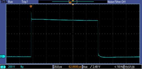 Bilevel-Zweikanal-Impulsgenerator-Wellenform von Eagle Harbor Technologies, die Lastspannung und -strom für eine Last von 1000 V, 100 µs an 55 Ω zeigt.