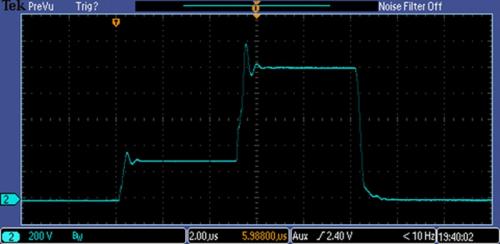 Bilevel/Zweikanal-Pulsgenerator-Wellenform von Eagle Harbor Technologies, die Lastspannung und -strom für eine Last von 1000 V, 2,5 µs an 55 Ω zeigt.