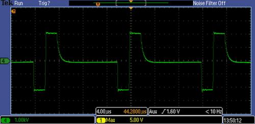 Wellenform des Bipolar Pulser zeigt bipolare 2 µs Impulse mit potentialfreiem Ausgang, die 2 kV zu 6 kΩ bei 70 kHz liefert − Eagle Harbor Technologies. 