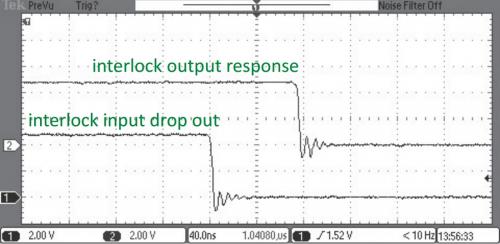 EHT Faseroptischer Interlock-Controller ILC-16 Signalform mit Eingang-/Ausgang-Plots, Anstieg- / Abfallzeiten und Verzögerung weniger als 100 ns. 