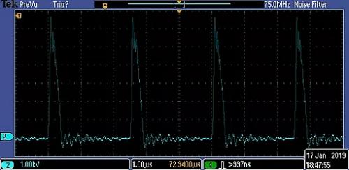 Der Spartan Hochleistungswellenform-Nanosekunden-Pulser 7 kV Ausgangsspannung in eine 10-nF Last zeigt.