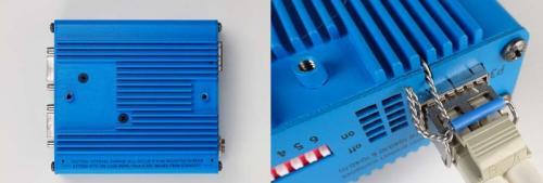 EDT VisionLink XF Camera Link fiber optic extender showing mounting holes and safety wire connection. 