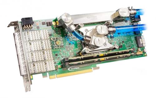 BittWare XUPVVP PCIe-Beschleuniger-FPGA-Karte mit einer Xilinx Virtex UltraScale VU9P / VU11P / VU13P-Unterstützung für FPGA-Monster mit bis zu 256 GByte DDR4 oder 1152 MBit QDR-II plus, Flüssigkeitskühlung und 4x 100 Gbps Ethernet.