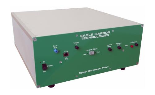 Eagle Harbor Technologies High-Voltage Bipolar Microsecond Pulser supports Max output voltage: ±3 kV bipolar, 300 A Peak current, 500 ns - DC Pulse width, 1.3 kHz continuous and 10 kHz burst Max pulse repetition frequency. 