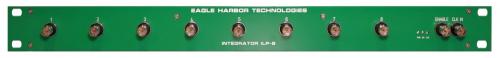 Front panel of Integrator ILP-8 equipped by 8 short pulse integrator BNC channels and 4x RJ45 outputs with EN CLK inputs by Eagle Harbor Technologies.