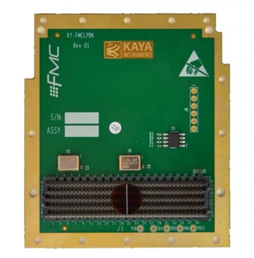 External view of KY-FMCLPBK FMC Loopback test card by Kaya with LA, HA, HB, DP, CLK connectors, and JTAG breakouts