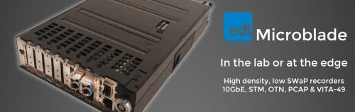 EDT Microblade Data Recorders supports 2x SFP-plus for 10GbE optionally PCAP, STM, OTN, VITA-49, and packed with up to 15TB of storage density per channel.