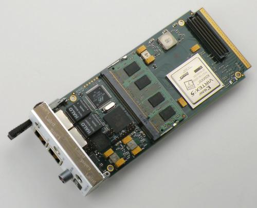 EDT AMC main board with FX5 Virtex 5 including 1 GB DDR2 SODIMM with 2x front-panel ports 1000 BASE-T and 2x AMC ports 1000 BASE-X.