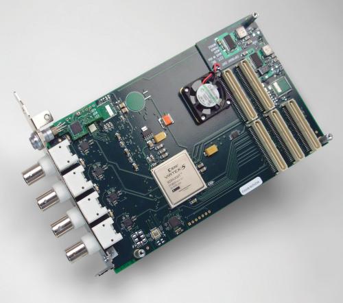 MSDV Mezzanine with Virtex 5 FPGA for PCI / PCIe supporting DVB-ASI / SMPTE protocol for 4x digital video signals by Engineering Design Team. 
