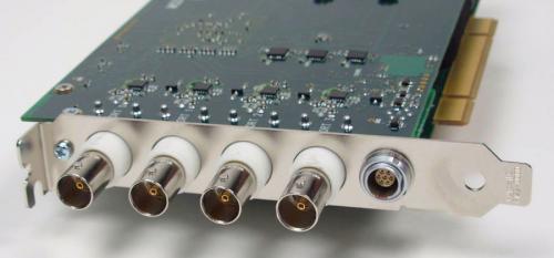 MSDV Mezzanine with Virtex 5 FPGA for PCI / PCIe equipped with 4x BNC connectors (DVB-ASI / SMPTE) and 1 pps / IRIG-B time code input by Engineering Design Team. 