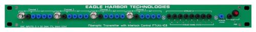 Faseroptischer Transmitter mit FT4x4-IC8 (Interlock-Control) mit 4 Glasfaser- / BNC-Verbindungen und 8× Glasfaser-Interlock Controller. 