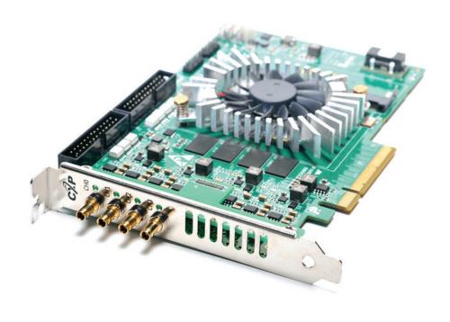 Kaya KY-FGK-400 Komodo CoaXPress Frame Grabber FPGA board with 4x 6.25 Gbps channels supporting PoCXP and 55 Gbps PCIe Gen3 x8 interface. 