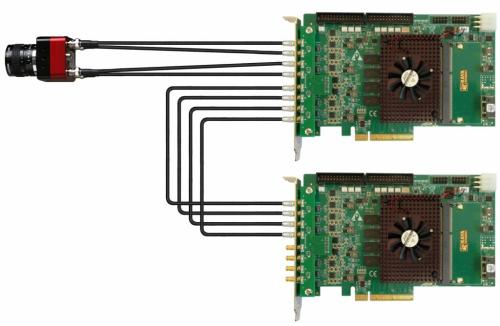 Single KY-FGK-440 Topology of Komodo CoaXPress Frame Grabber showing the board, 1x camera link, and another CoaXPress Frame Grabber connected for re-transmission. 