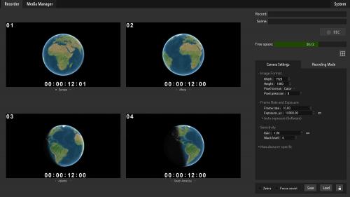 Registerkarte "Aufzeichnung" der MultiCamera.Systems-Software mit Live-Videostreams ausgewählter Kameras, Einstellungen und Aufzeichnungsmodusoptionen.