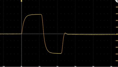 Eagle Harbor Technologies High-Voltage Bipolar Microsecond Pulser waveform showing Output voltage measured across a 70 Ω load, 3 kV charge, 1 µs pulse width for both the positive and negative pulse, 100 ns dwell between pulses.