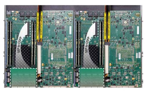 BittWare XUPP3R PCIe accelerator FPGA board with SEP-to-QSFP small board module in a PCIe slot allows connecting 4x QSFP ports to one BittWare FPGA board. 