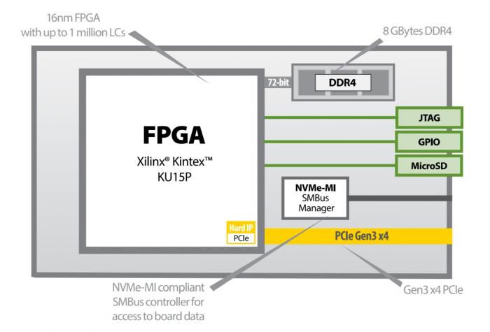BittWare 250-U2 hardware accelerator diagram showing key hardware elements featuring Eideticom NoLoad IP.