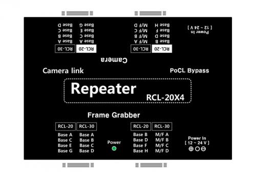 Syscom RCL-20X4 Camera Link Repeater mit 4-Link-Konfiguration, 8x Camera Link-Kameras und LVAL-, FVAL- und DVAL-Signalsynchronisation.