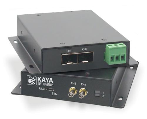 KAYA Vision CoaXPress to CoaXPress over Fiber Dual Signal Converter with 2 links provides an uplink of up to 25 Gbps and downlink up to 41.6 Mbps as well as utilizes standard Micro-BNCs and standard SFP-plus that can support distances up to 80 km in single-mode and up to 300 m in multi-mode.